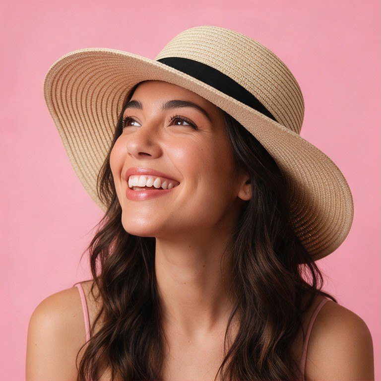 A smiling woman in a sun hat