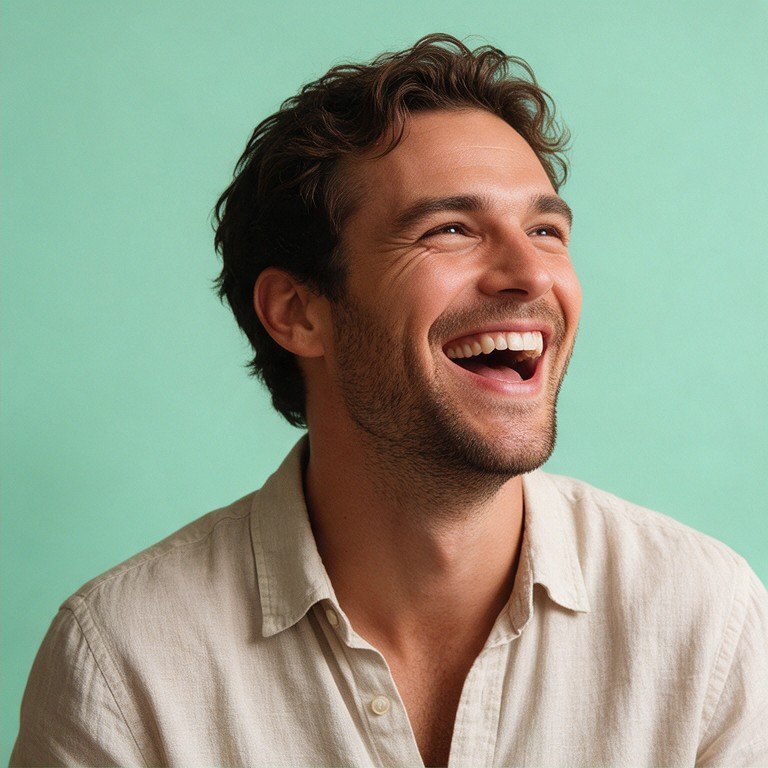 A laughing man in a linen shirt