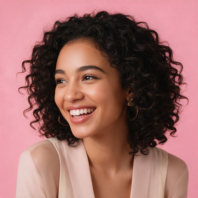 A cheerful young woman with curly hair