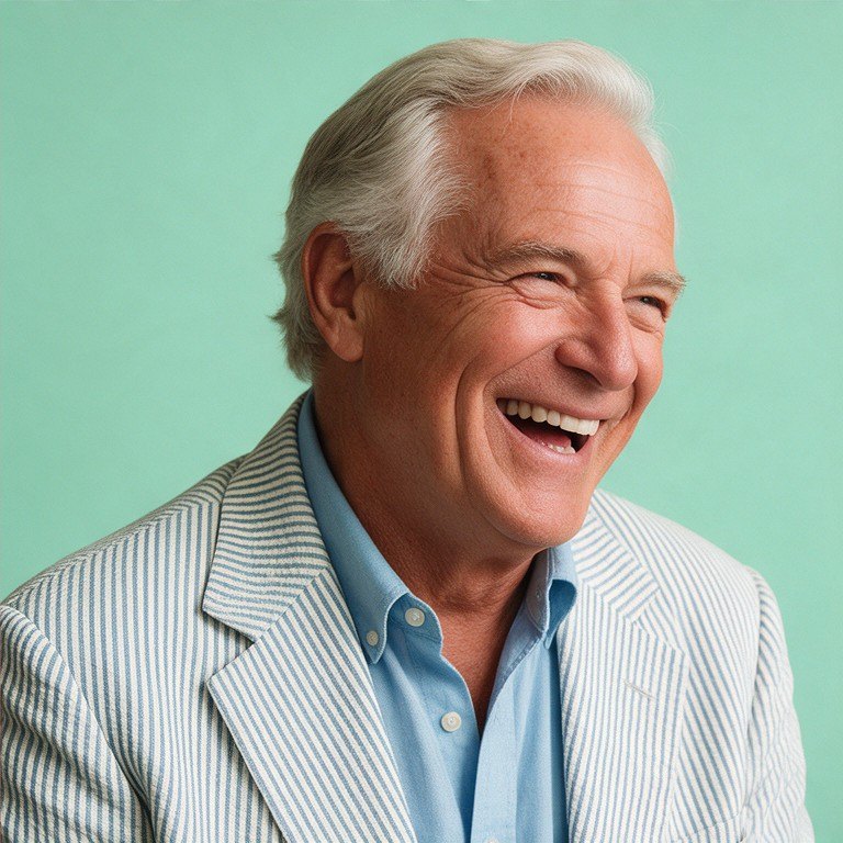 A grinning older man in a seersucker jacket