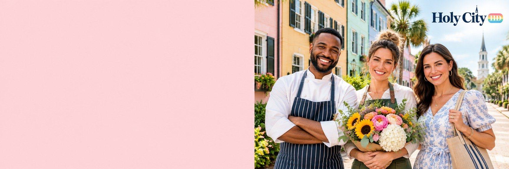 Smiling Charleston business owners in front of pastel Rainbow Row houses